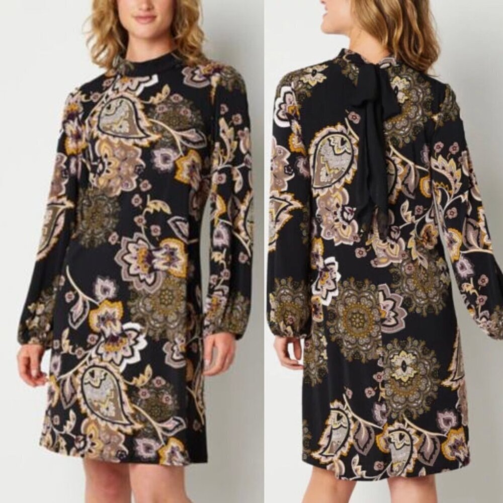 NEW Robbie Bee Size PM Medium Petite Long Sleeve Floral Swing Dress Black Bow